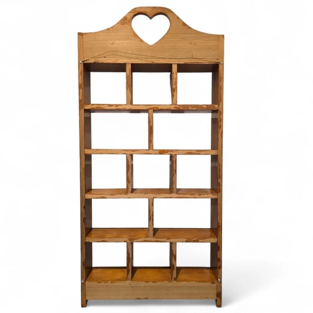 Vintage Wood Trinket Shelf Shadow Box Display Heart Cutout Wall Hanging Unit